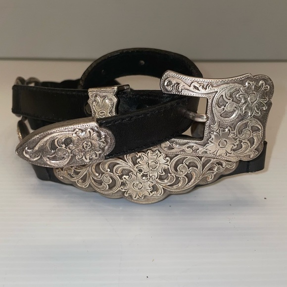 Western Silver Filigree and Black Leather Belt Made in 1995 - Picture 2 of 15